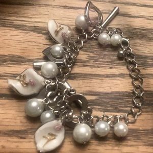Metal Bracelet- Hearts, flowers, faux pearls, wide square chain links